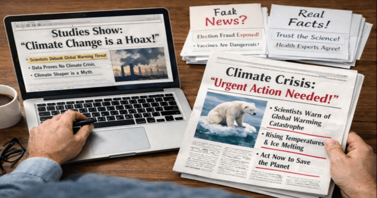 Person at desk surrounded by conflicting news headlines about climate change, vaccines, and election fraud.