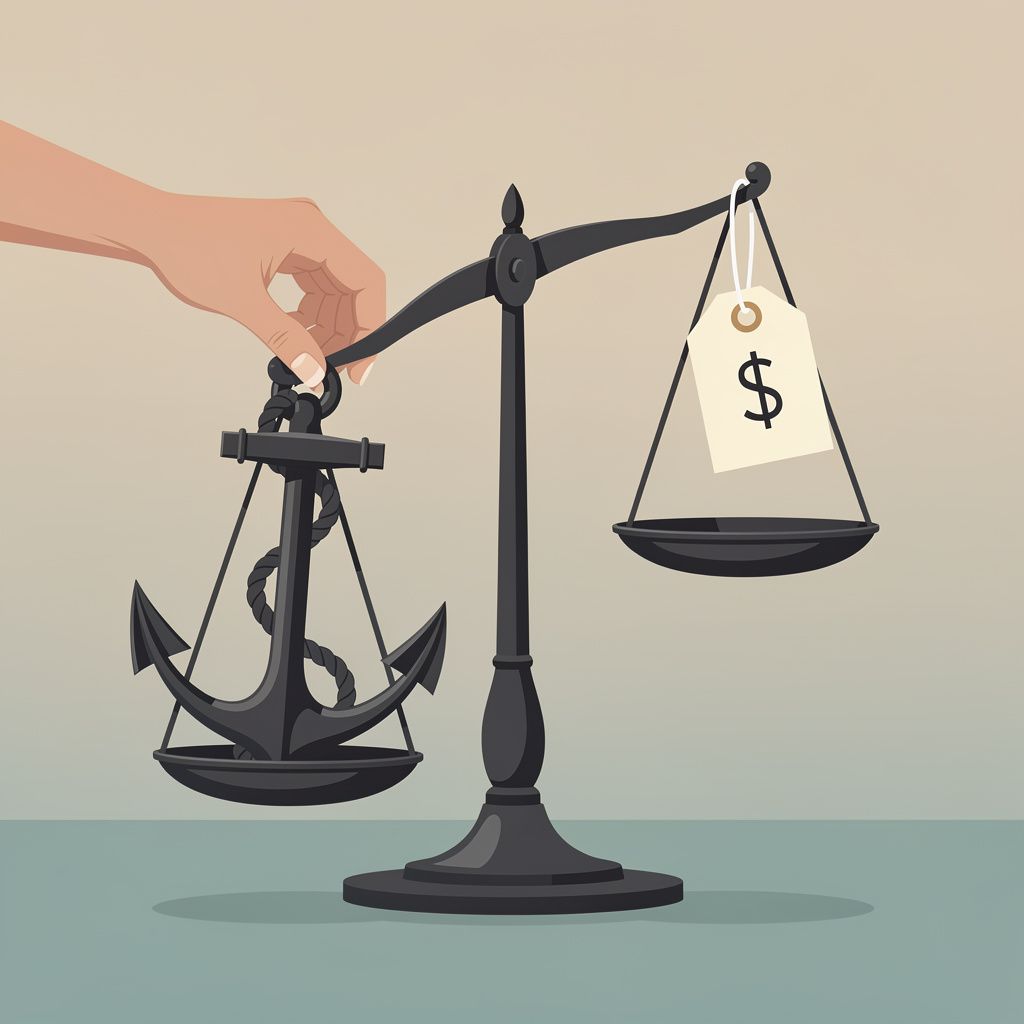 An anchor pulling one side of a balance scale beside a price tag