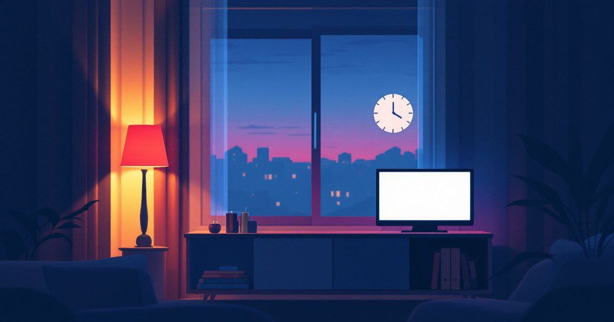 An evening room with a warm lamp, a clock at the window and a bright screen