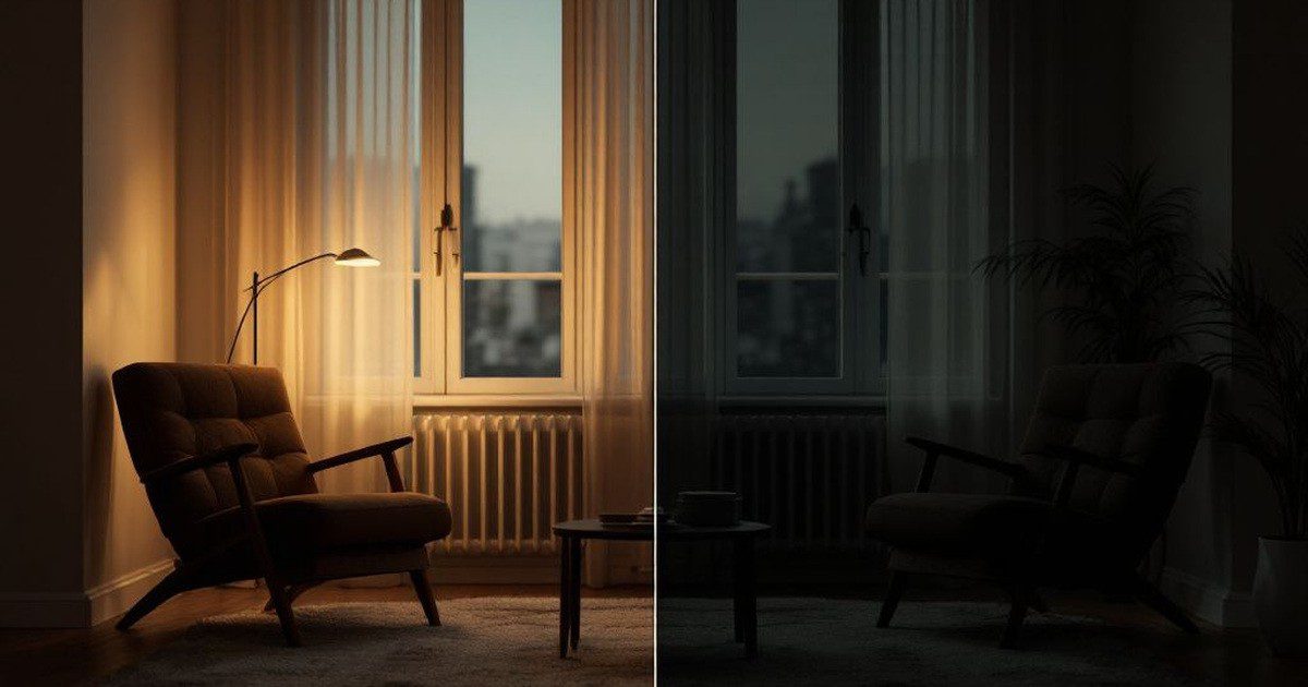The same armchair corner shown in warm lamplight and in darkness
