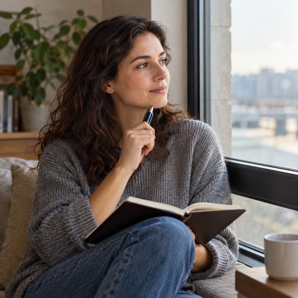 An adult reflecting beside a window with a journal