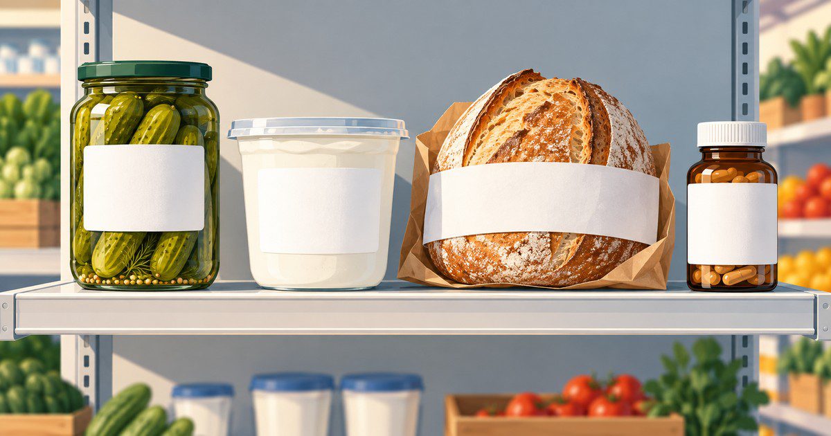 Pickles, yogurt, sourdough, and supplement capsules on a store shelf