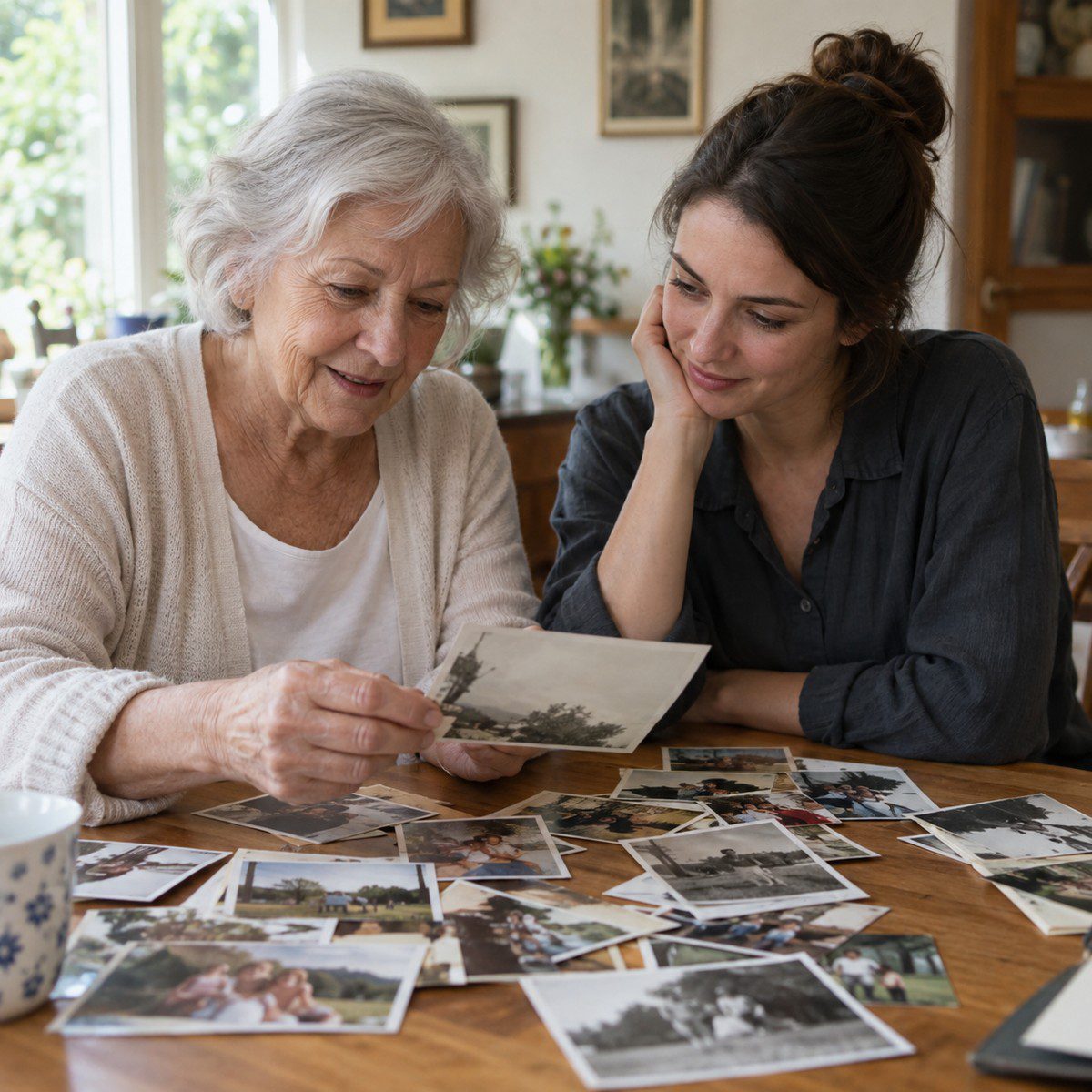 Two adults looking through family photographs