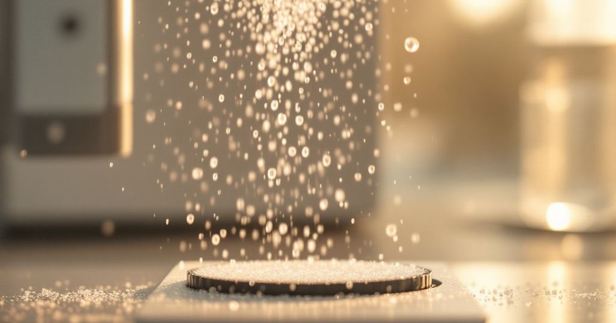 Tiny glittering particles falling onto a lab dish