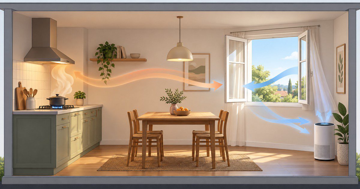 Indoor air moves between a gas hob, open window, and air purifier