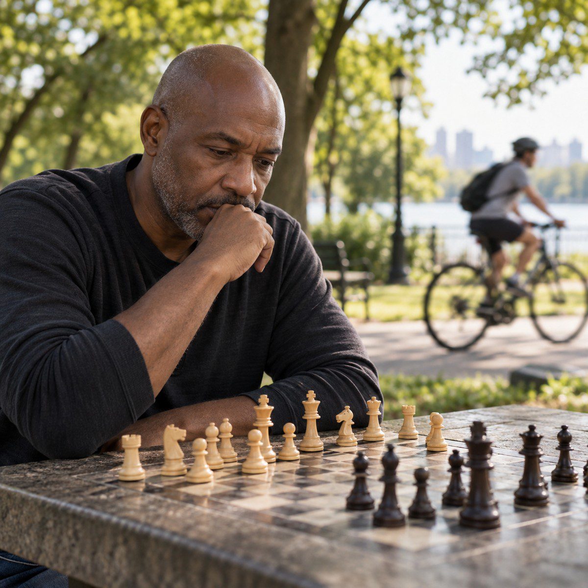 A chess player concentrating while a cyclist passes behind