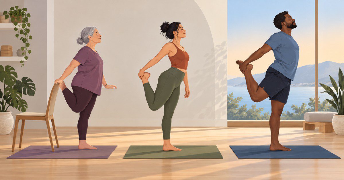 Three people adapt the same yoga pose to different ranges of motion