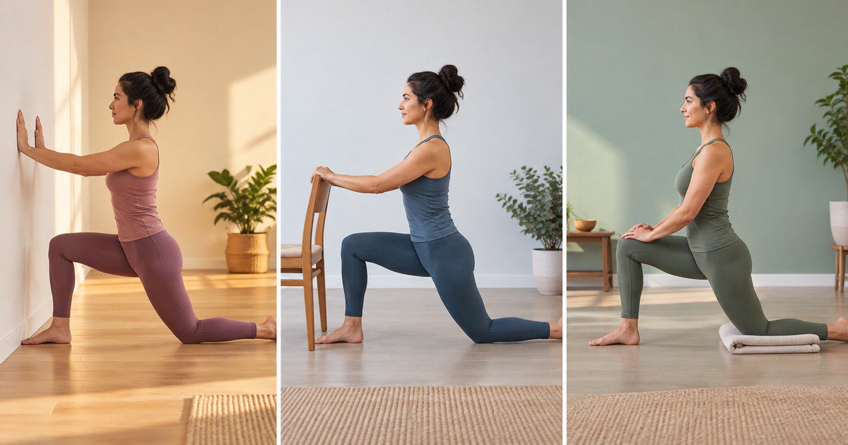 A yoga pose adapted with support from a wall, chair, and folded blanket
