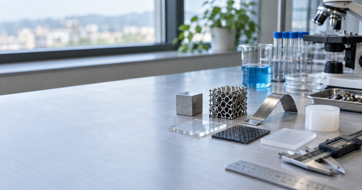 Material samples and measuring tools on a laboratory workbench.