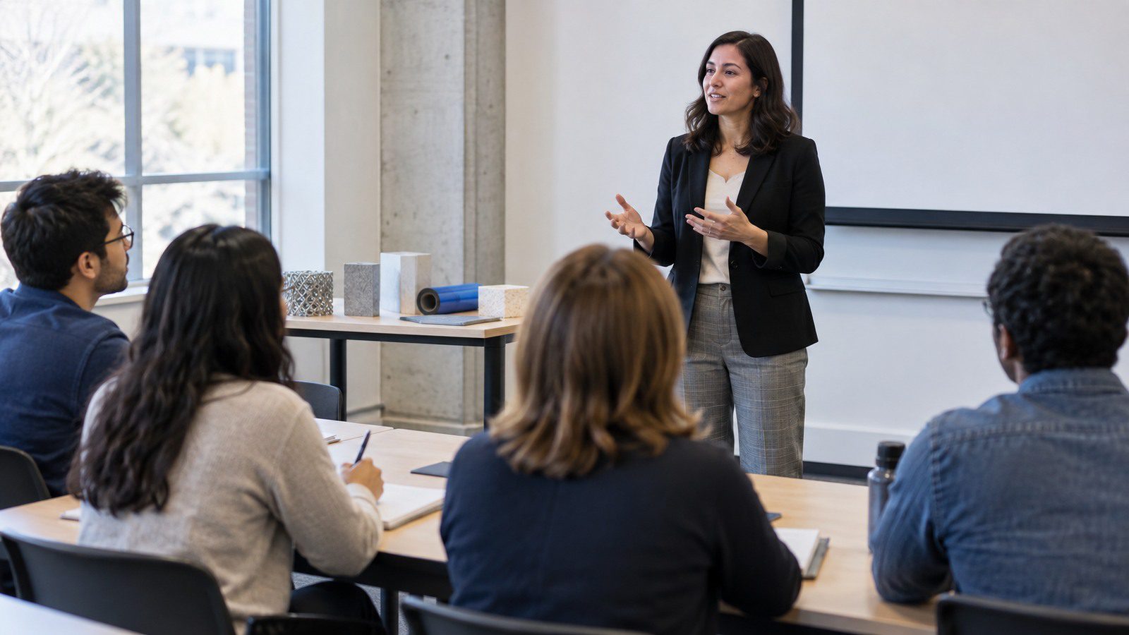 An engineering lecturer speaking to adult students in a classroom.