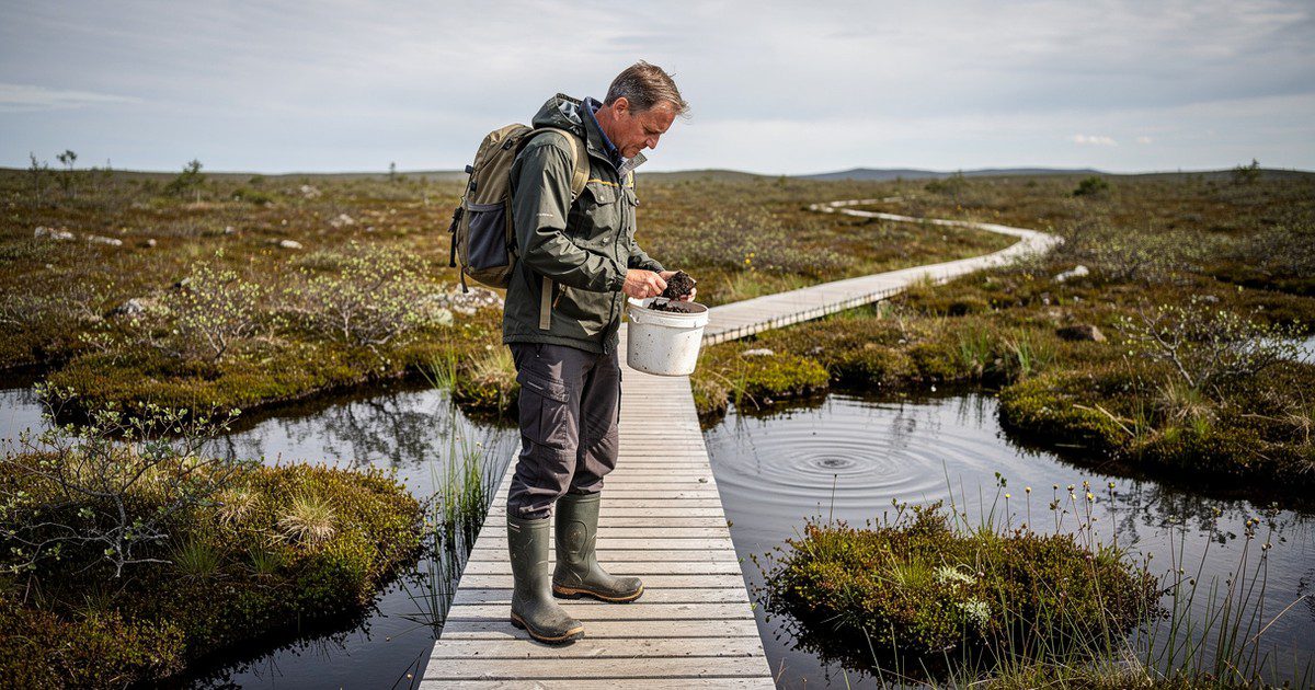 A researcher on a boardwalk across a wet peatland examines dark peat taken from a bucket.