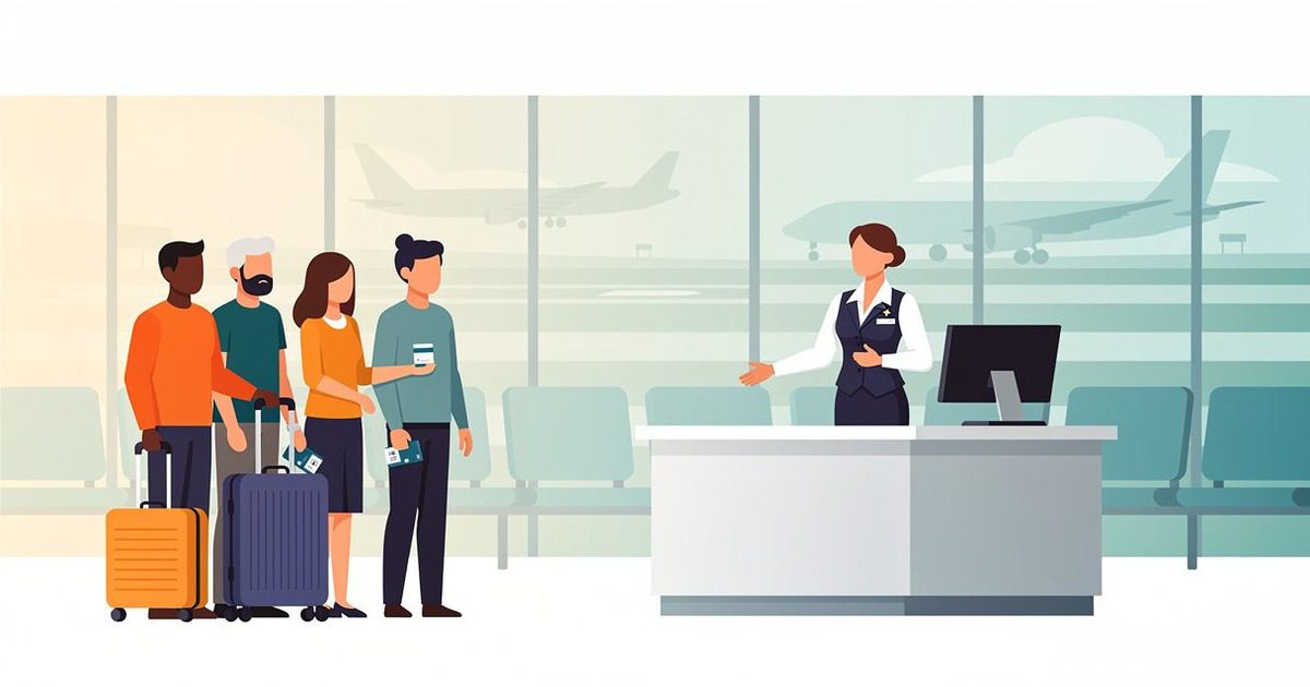 An adult gate agent helping travelers near a boarding area.