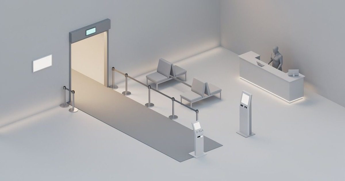 A boarding area, priority lane, service counter, and separate help point; no assessed wording or readable generated signage.