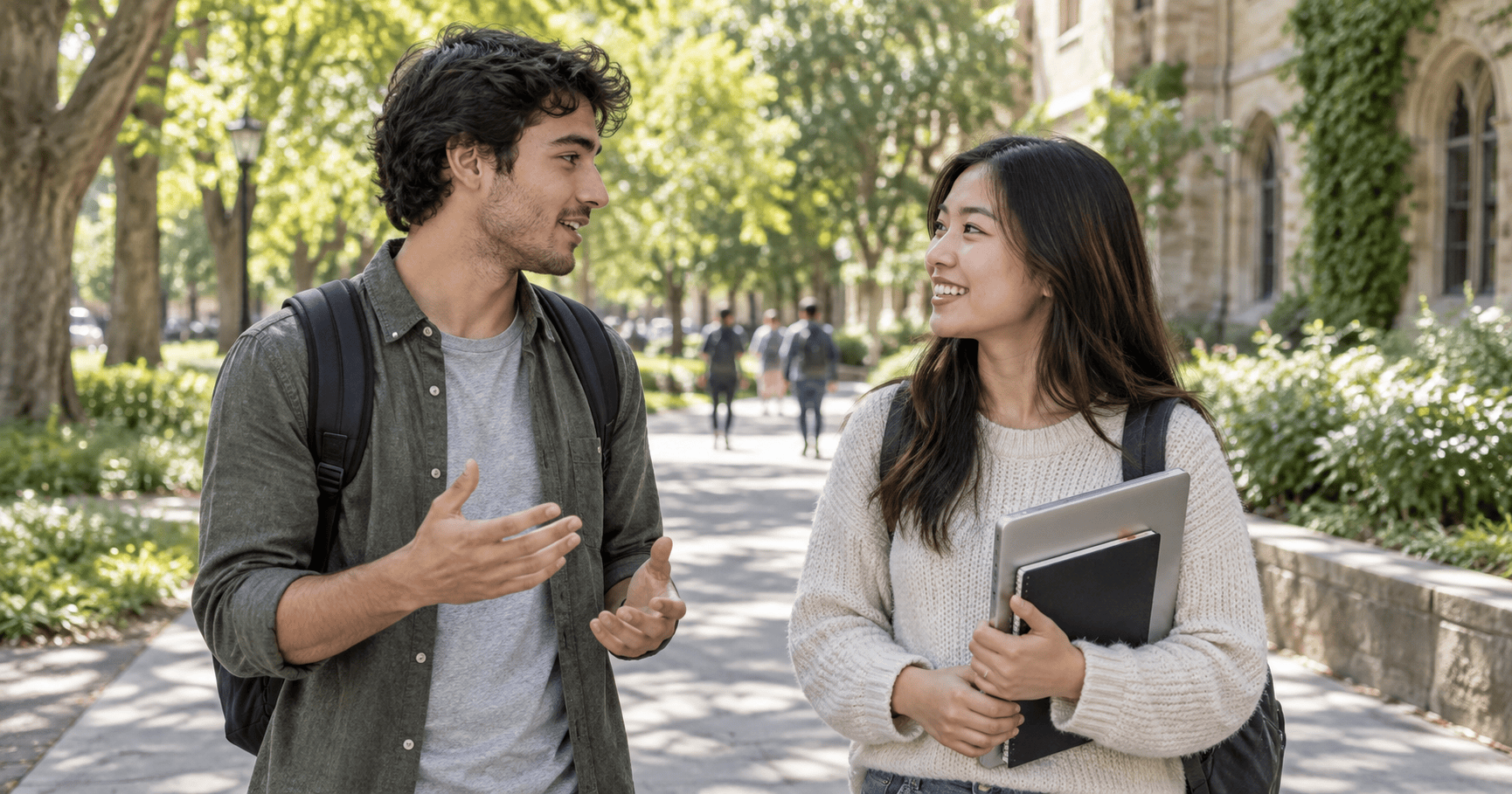 Two students talking on a university walkway.