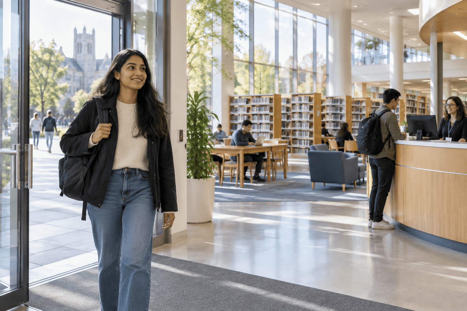 A student entering a bright modern university library.