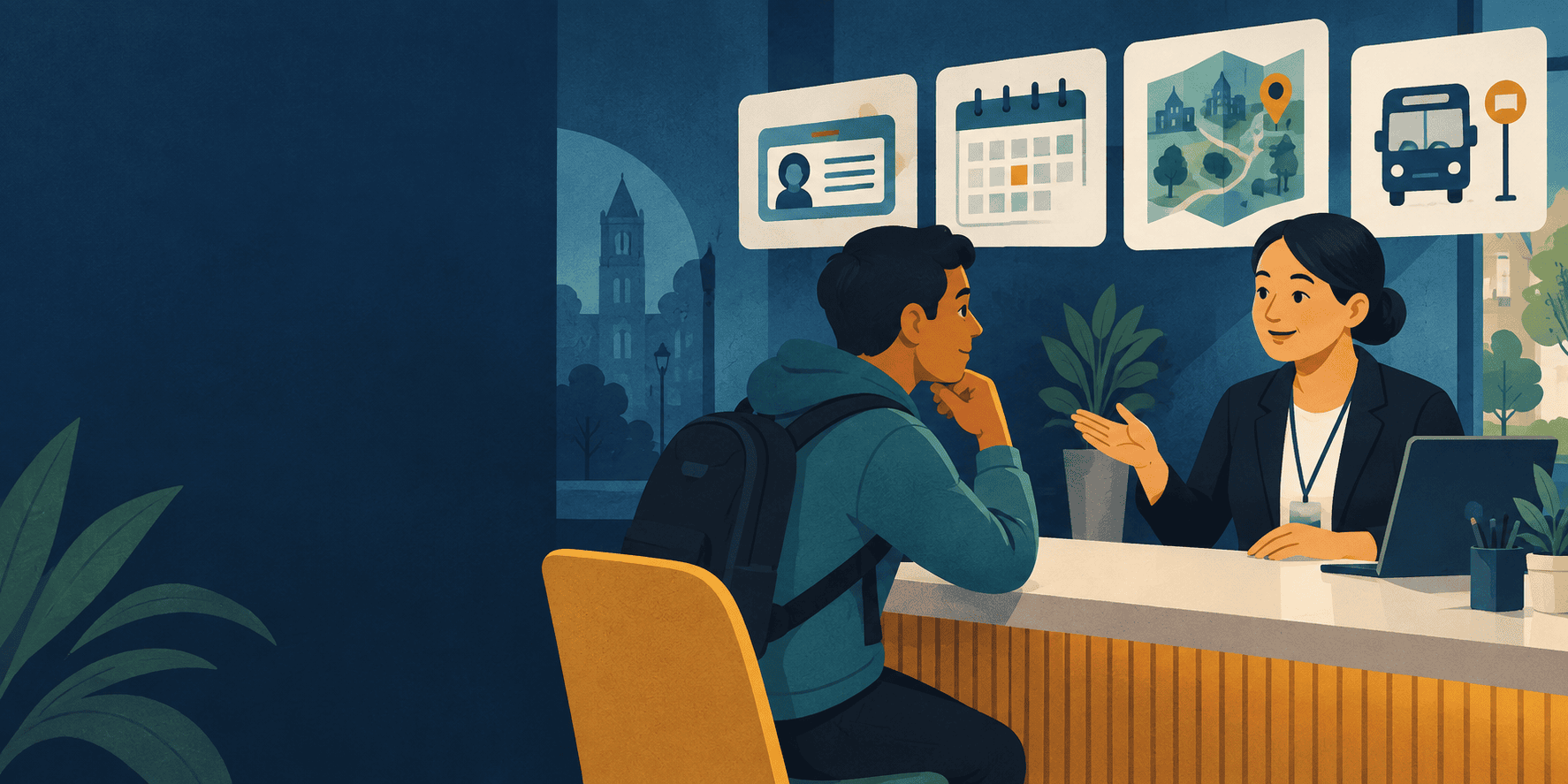 A student speaking with a staff member at a campus services desk.