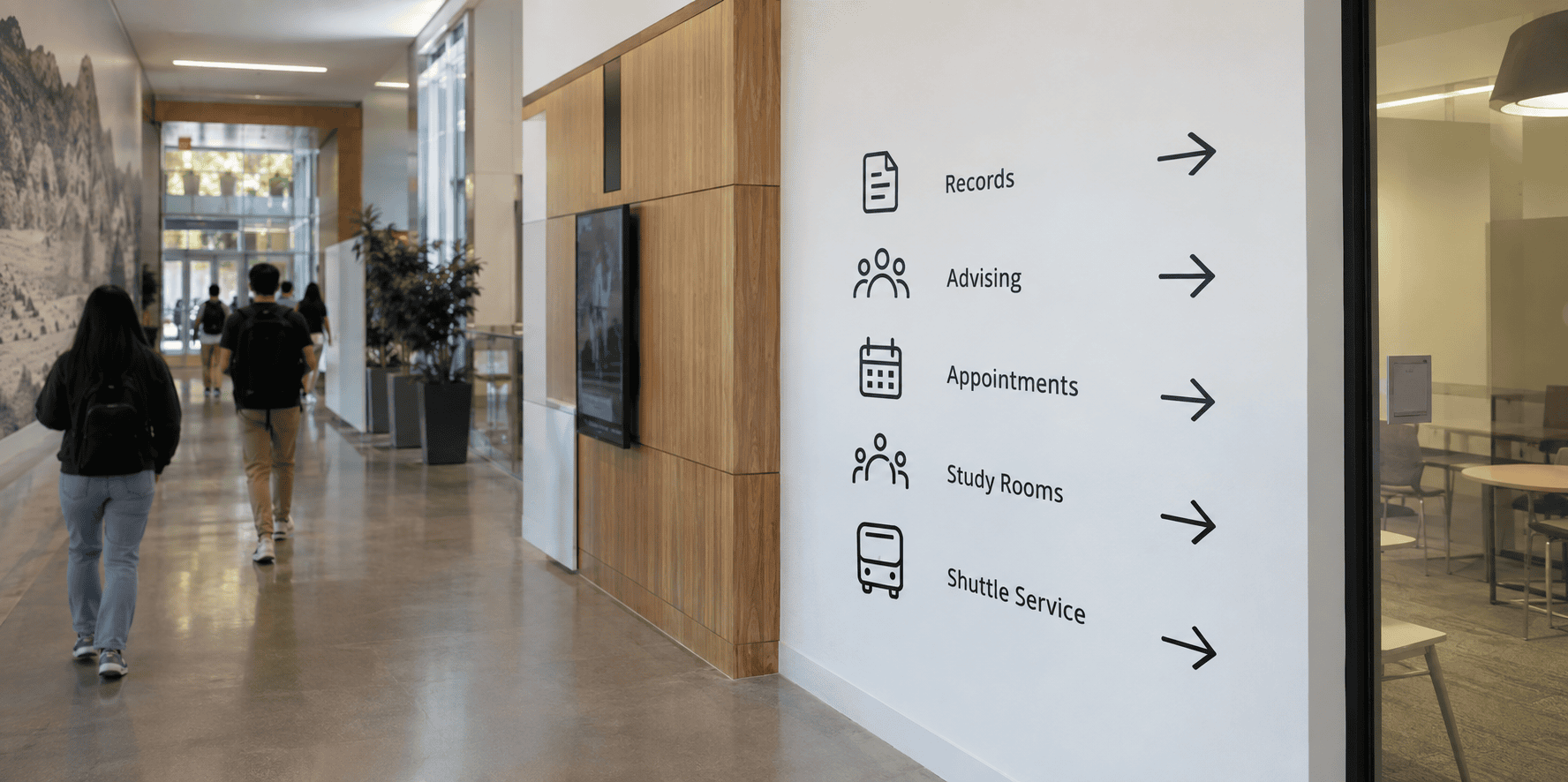 A campus corridor with signs for common student services.
