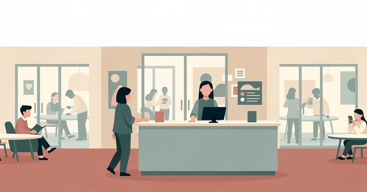 An adult visitor and staff member in a community center with a reception area and activity rooms.