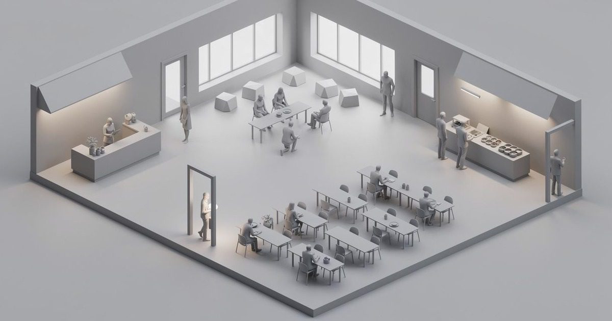 Reception, activity hall, food-service area, and separate entrances; no readable signage, assessed wording, or logos.