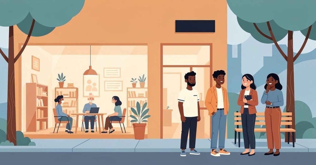 A neighborhood library, small gathering room, and residents talking outdoors; warm and cool tones.