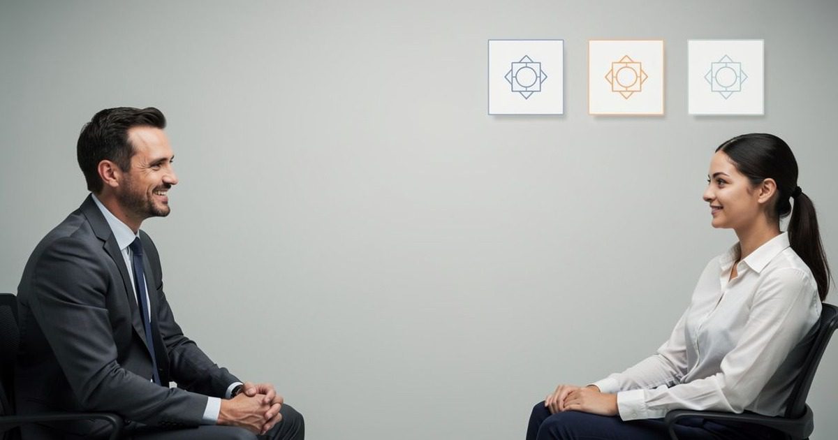 An adult video interviewer facing a learner with four understated progress markers.