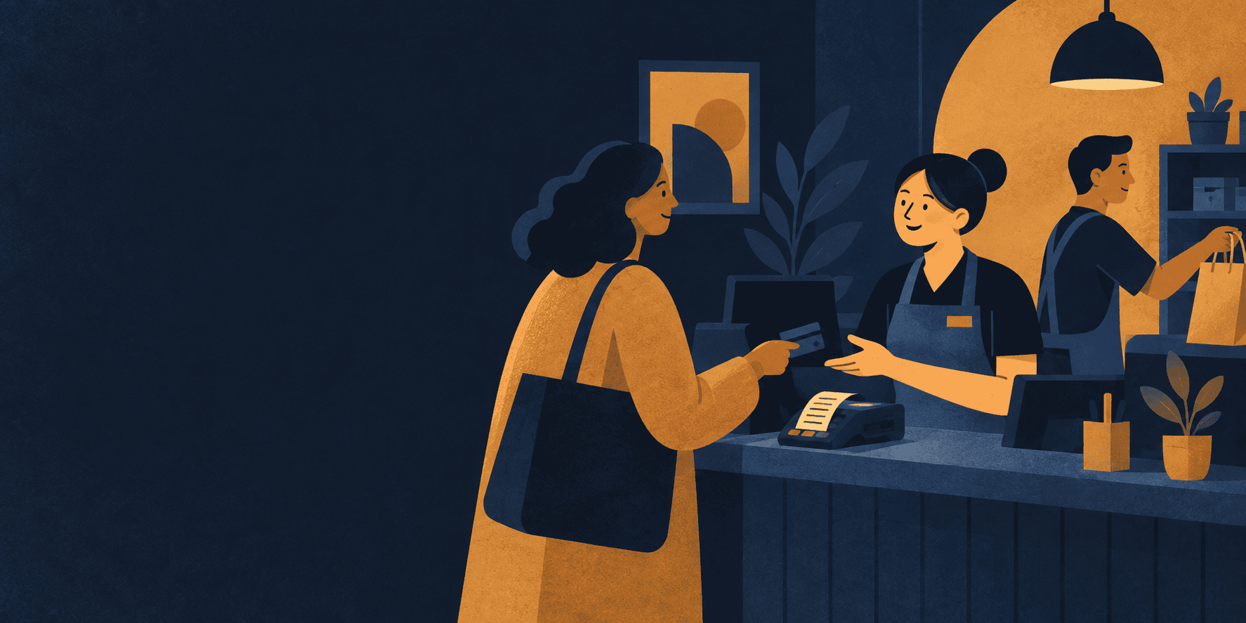 A customer speaking with an assistant at a service counter.