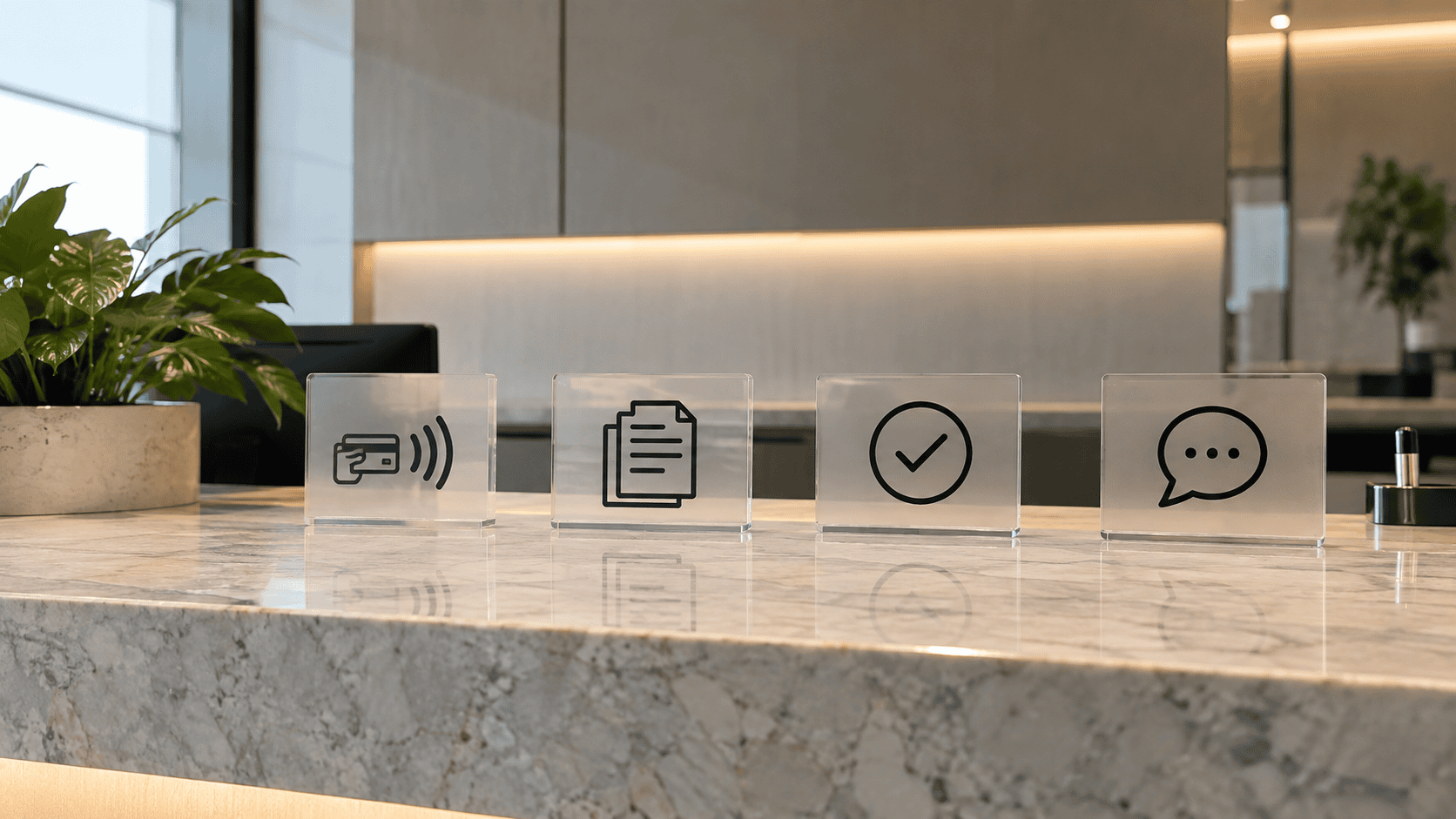 Service icons representing payment, documents, confirmation, and conversation.