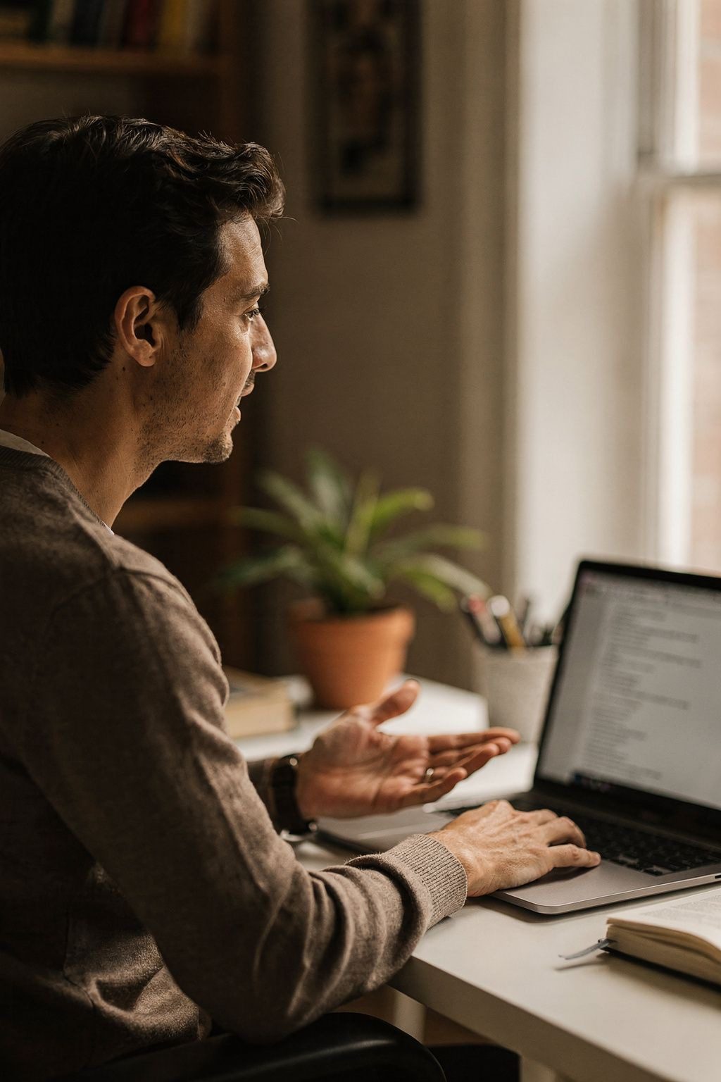 A learner discussing practical choices during an online interview.
