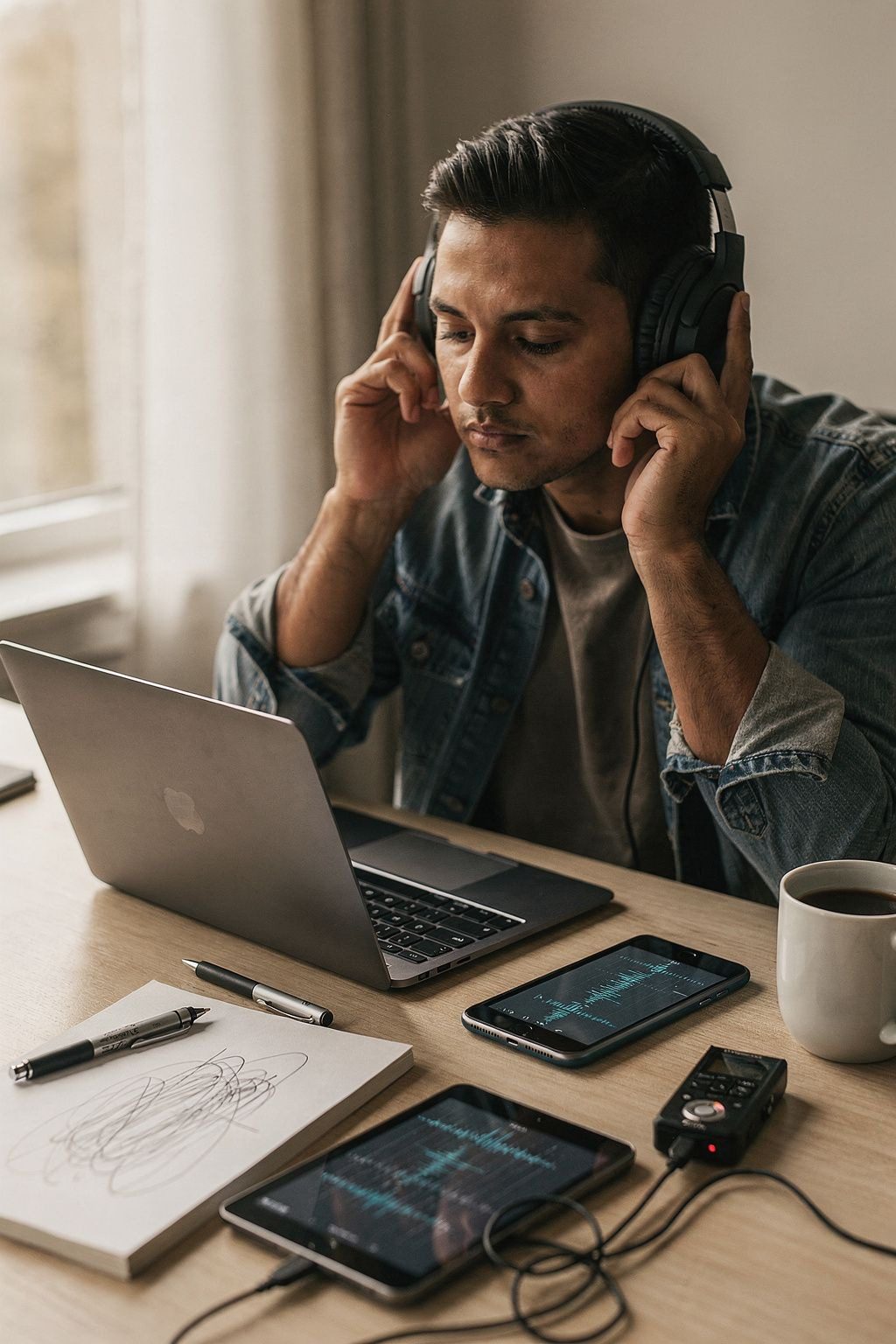 A learner listening to an interview question with headphones.