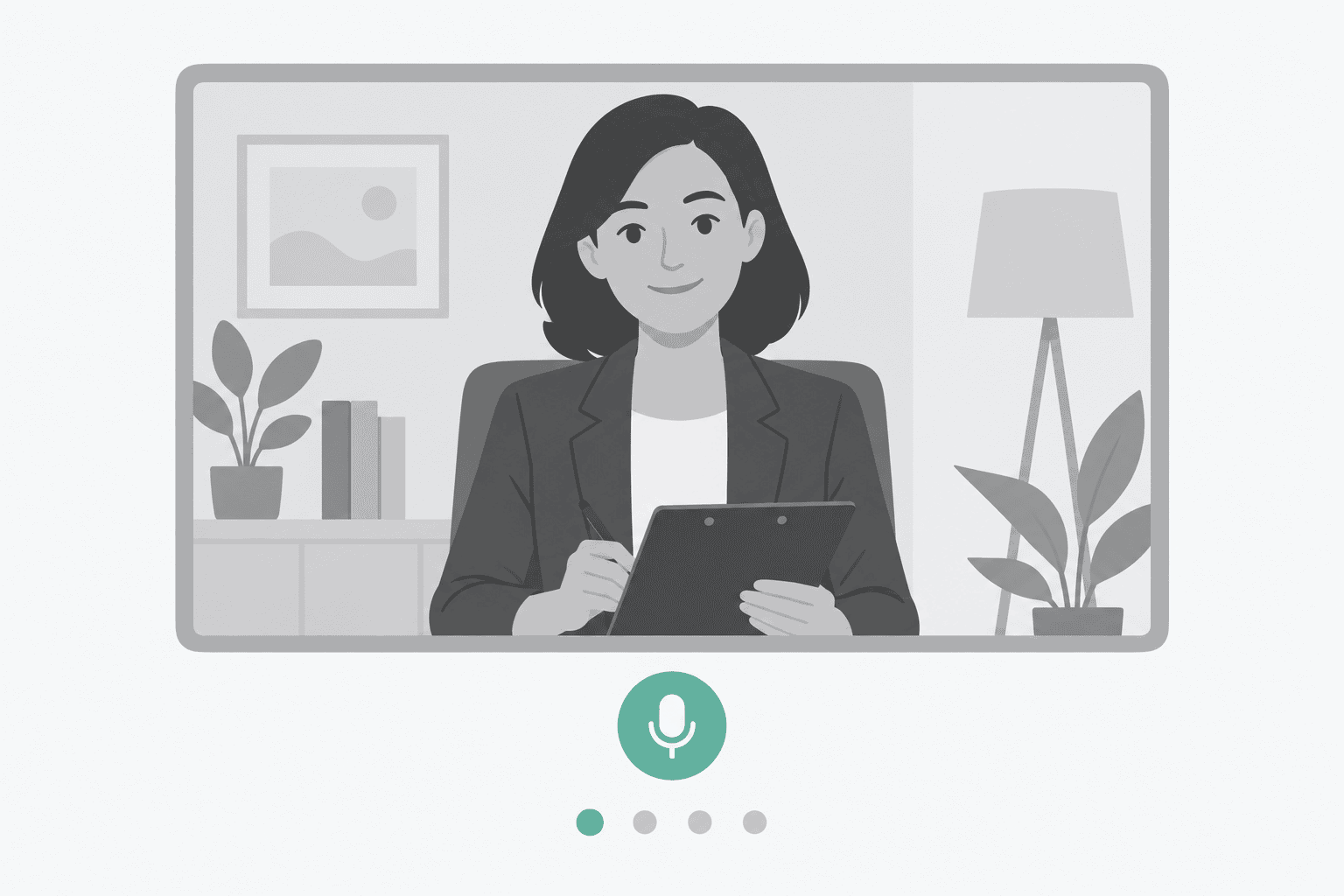 A video-call interview window with a four-question progress row, the first question active.
