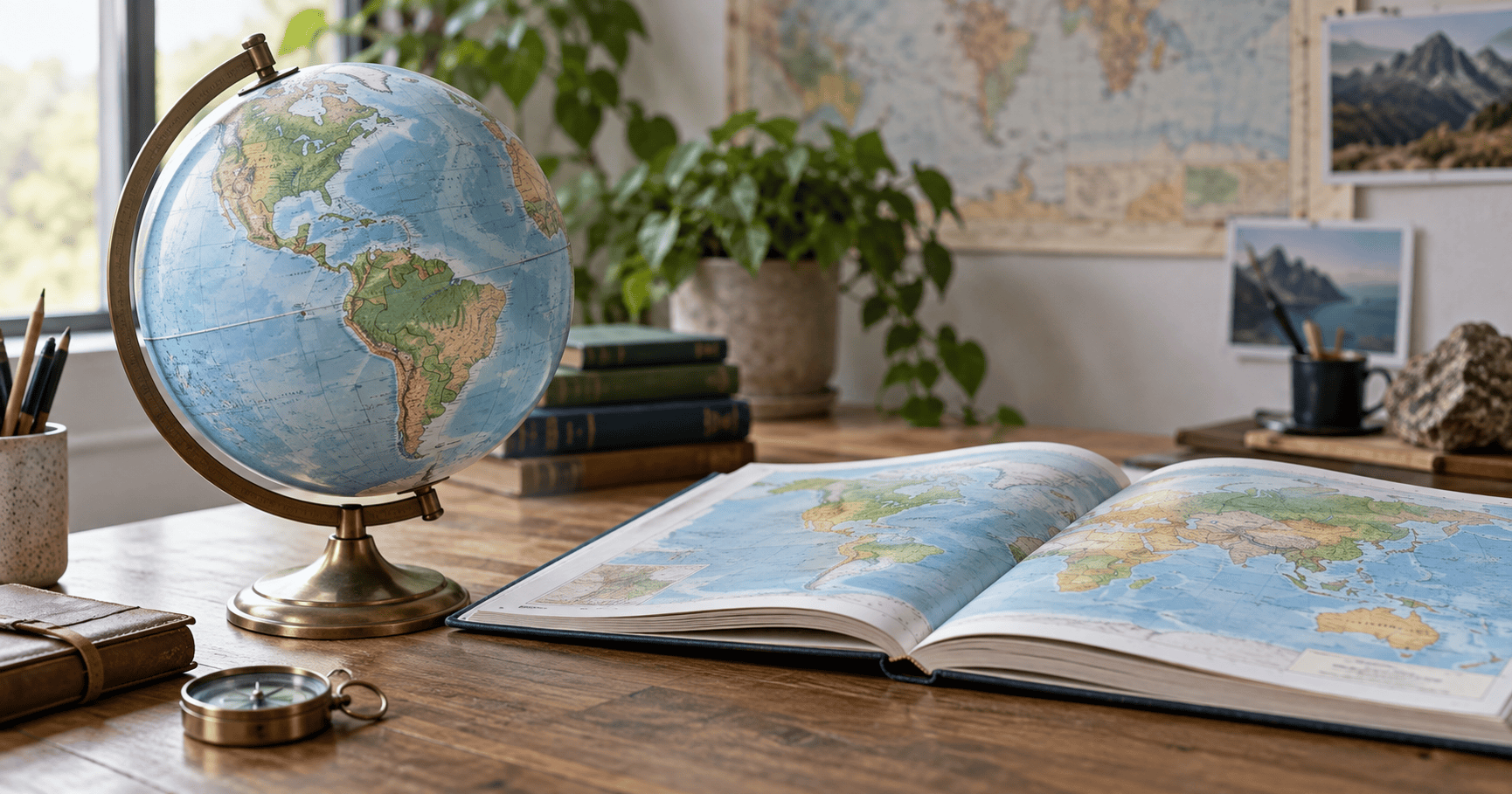 A globe beside an open atlas on a geography worktable.