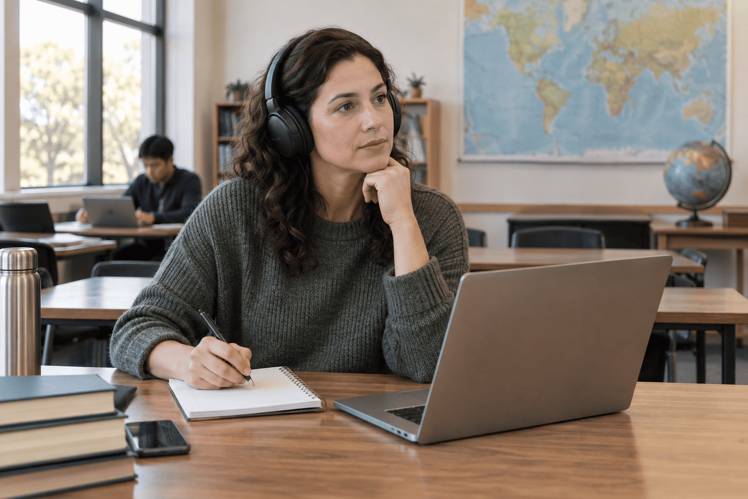 A learner listening through headphones with a notebook ready.