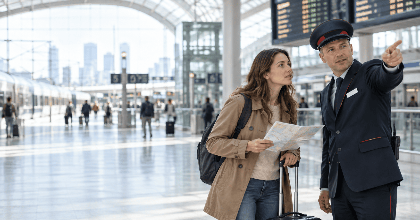 A traveler asking a station attendant for directions in a transit hall.