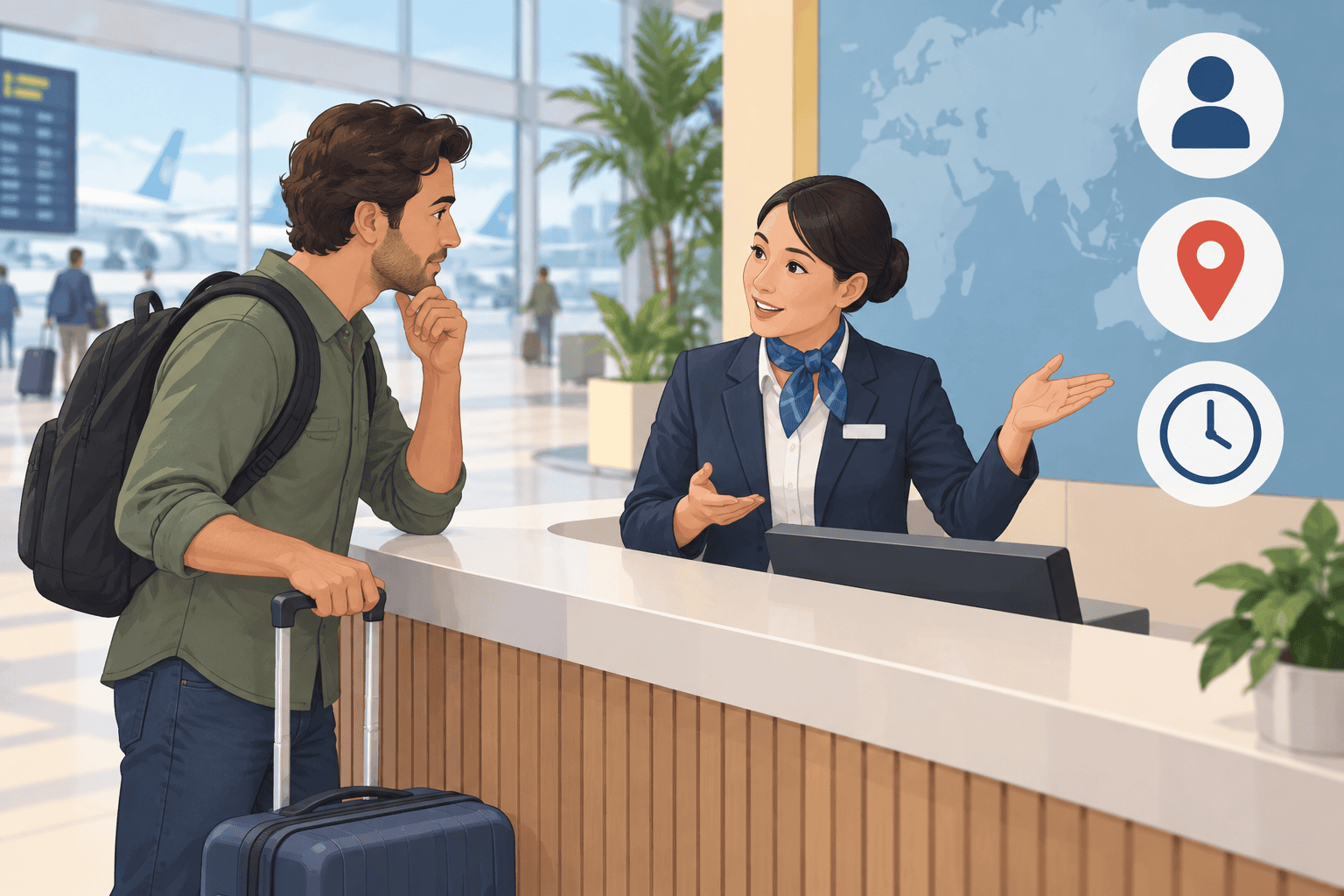 A traveler listening for person, place, and time information.