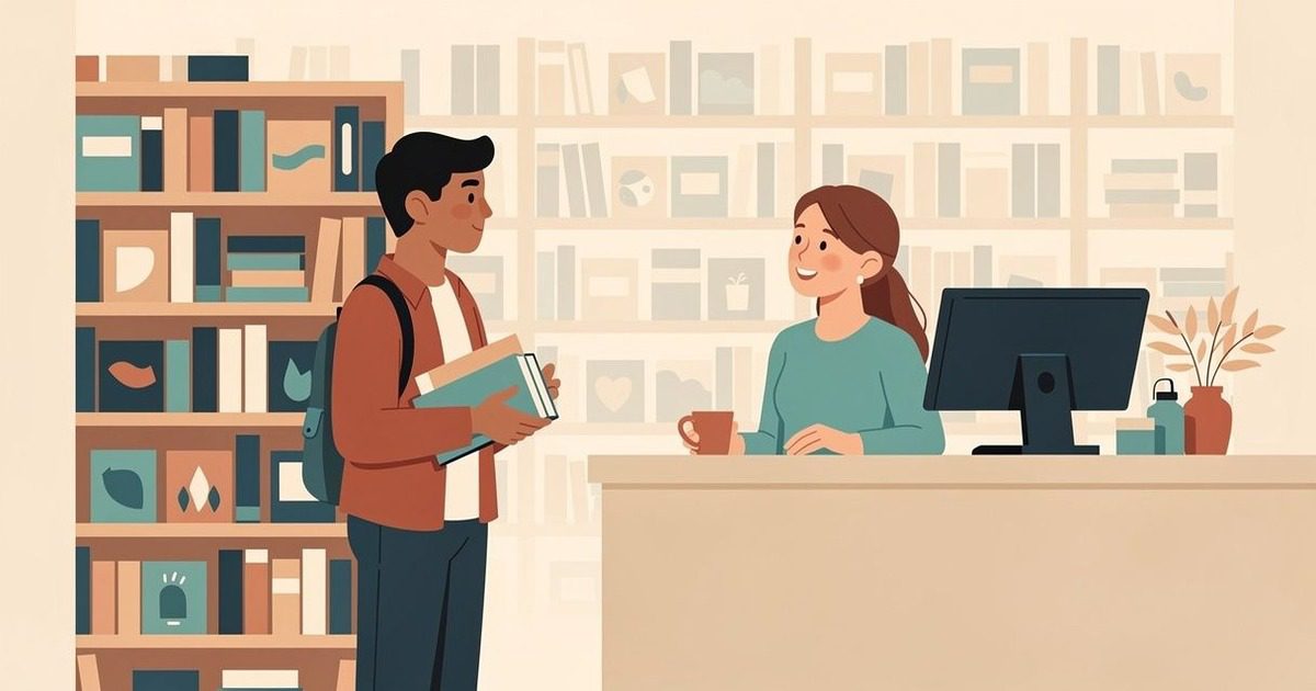 An adult student speaking with bookstore staff near shelves and a service counter.