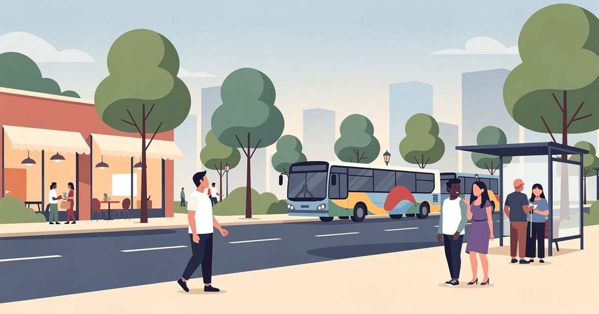 Adults using a city street with buses, trees, walking space, and nearby businesses.