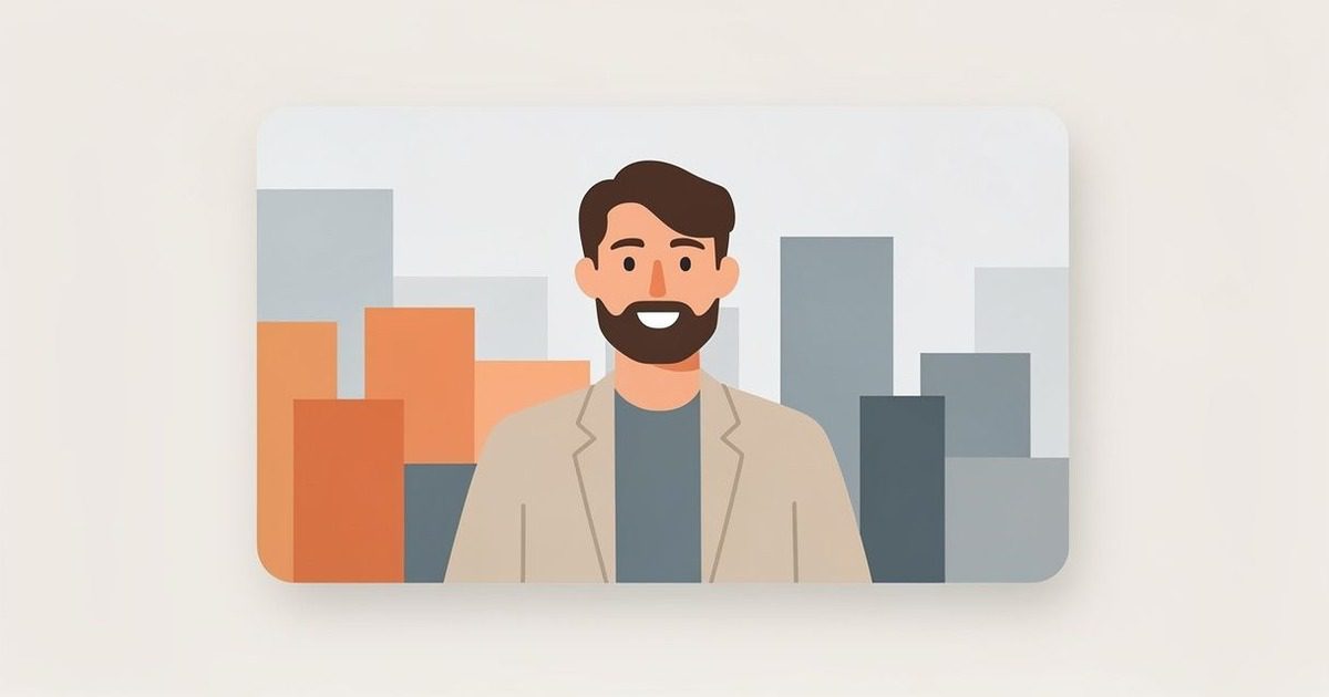 One adult interviewer on a neutral video screen with abstract city shapes behind.