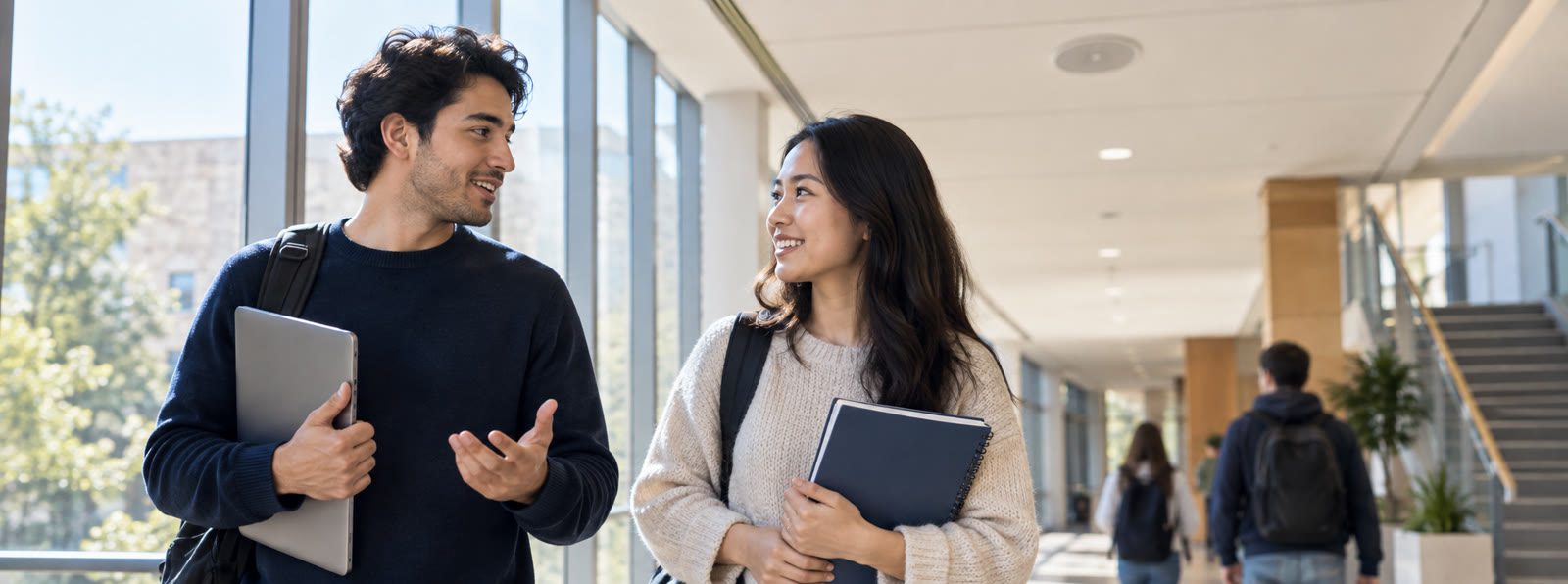 Two adult students talking in a university corridor beneath a ceiling announcement speaker.