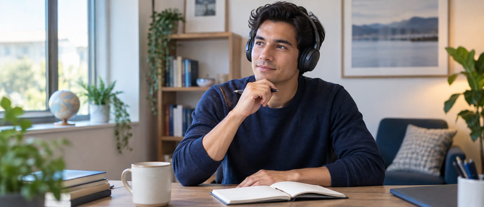 Adult learner listening through headphones and considering a response at a study desk.