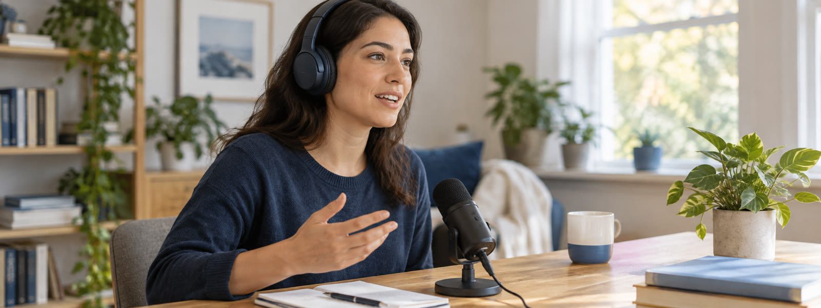 Adult learner practicing spoken repetition with headphones and a microphone.