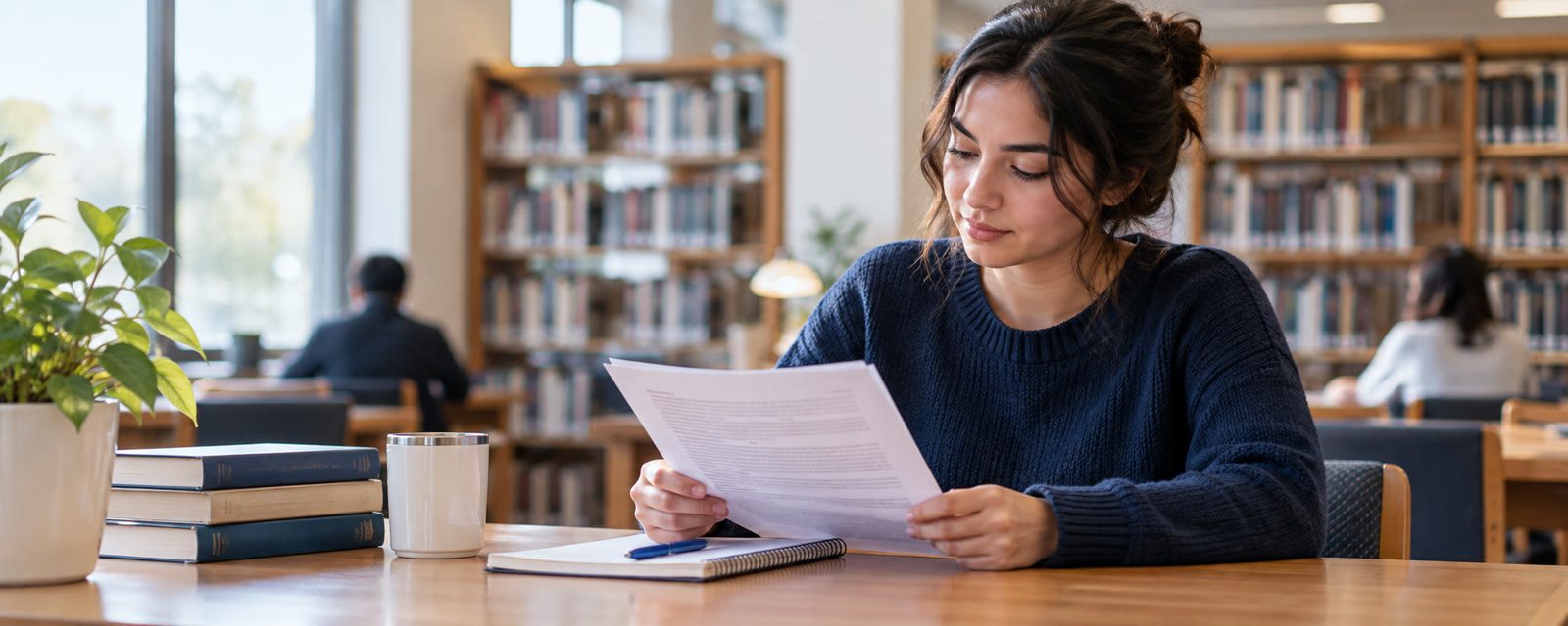 Adult learner reading a printed academic passage in a library.