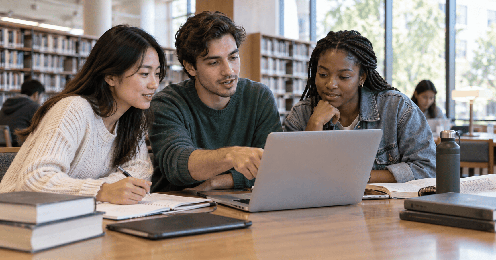Three students working together on a laptop at a library table.