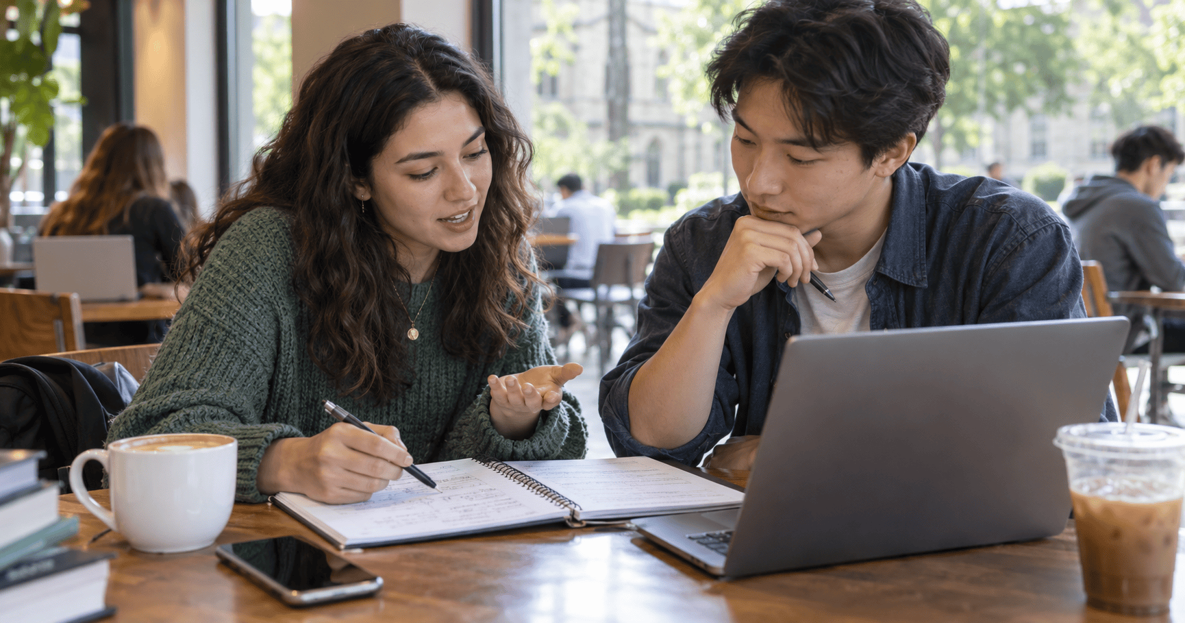 Two students discussing a shared notebook at a campus café table.